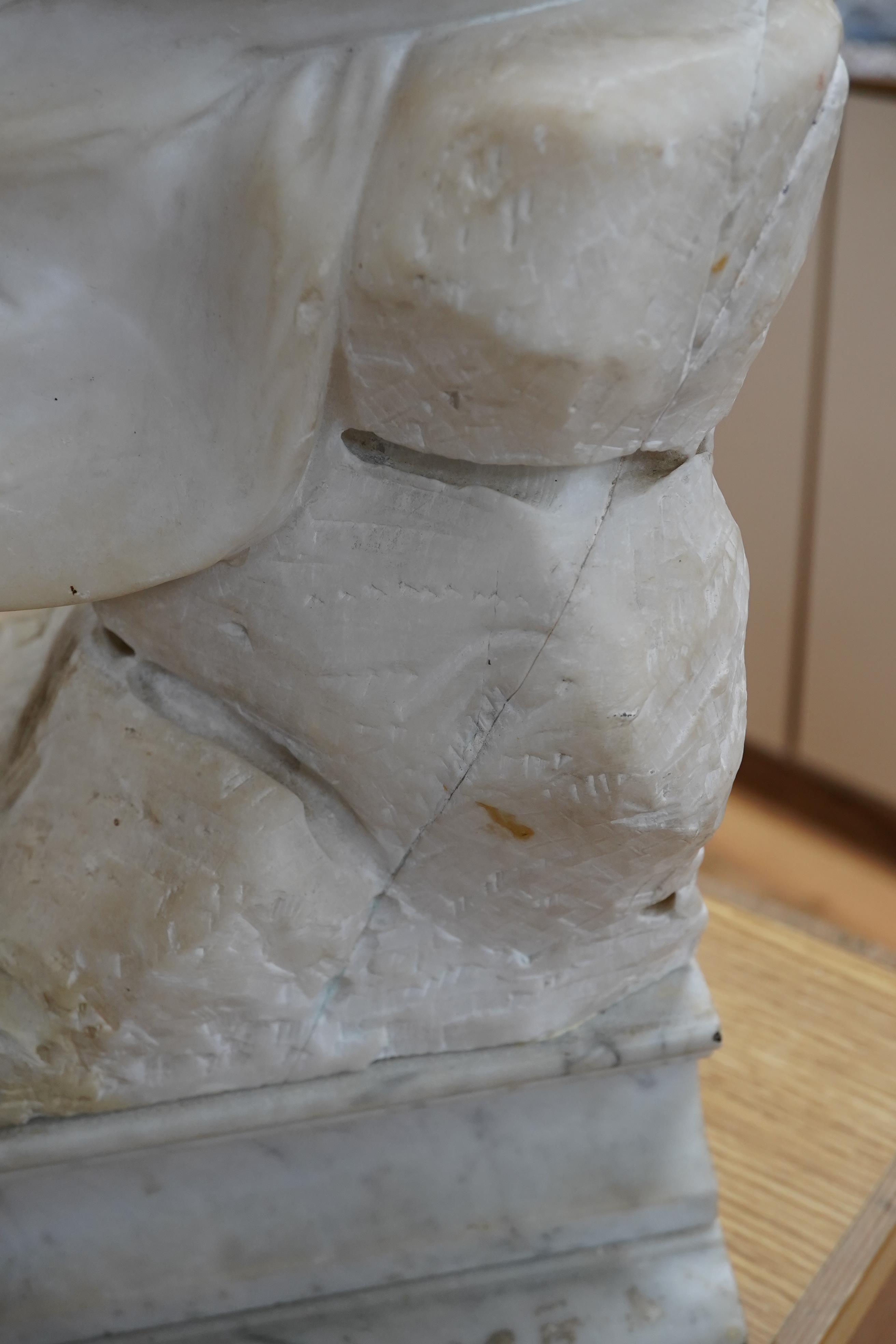 A French 1920’s-30’s alabaster sculpture of a lady seated on a stone wall, sculpture mounted on a marble stand, 63cm high. Condition - crack to alabaster at the front and discoloured restoration